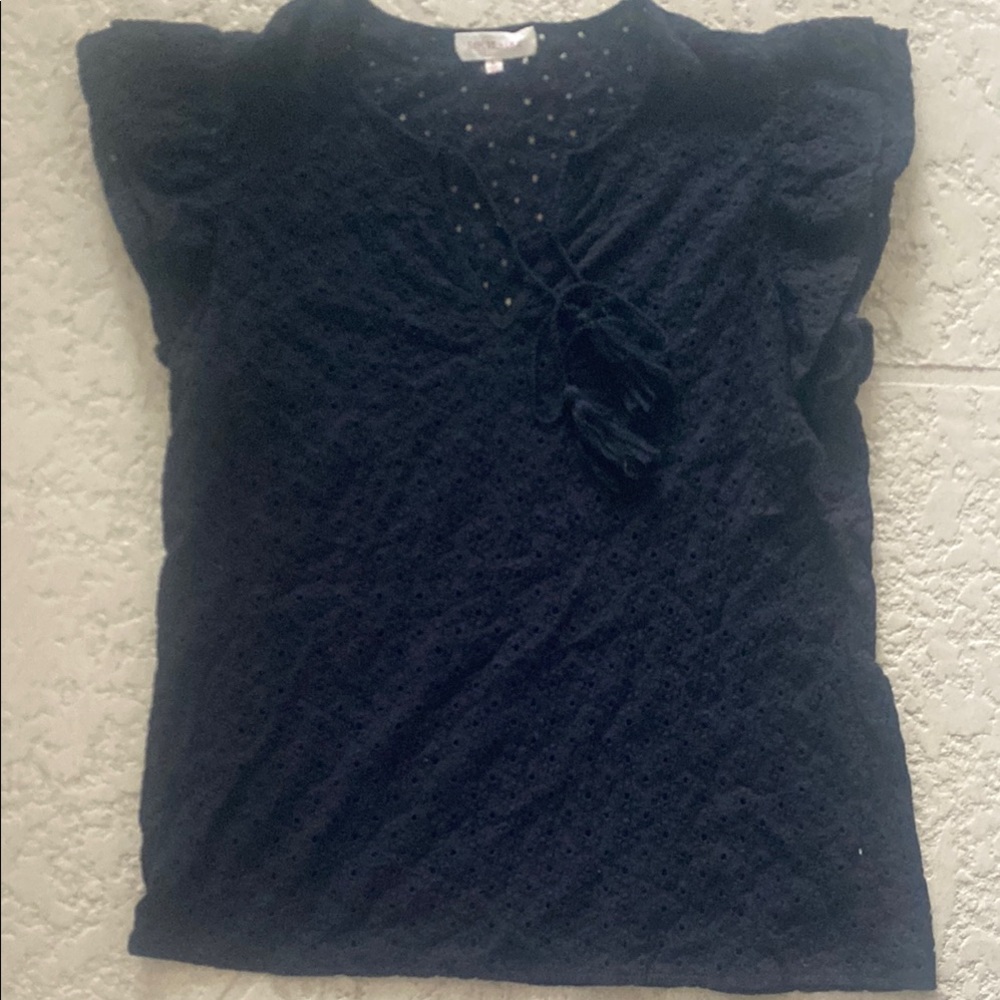 Black Flutter Sleeve Polo Blouse with Ruffled Details